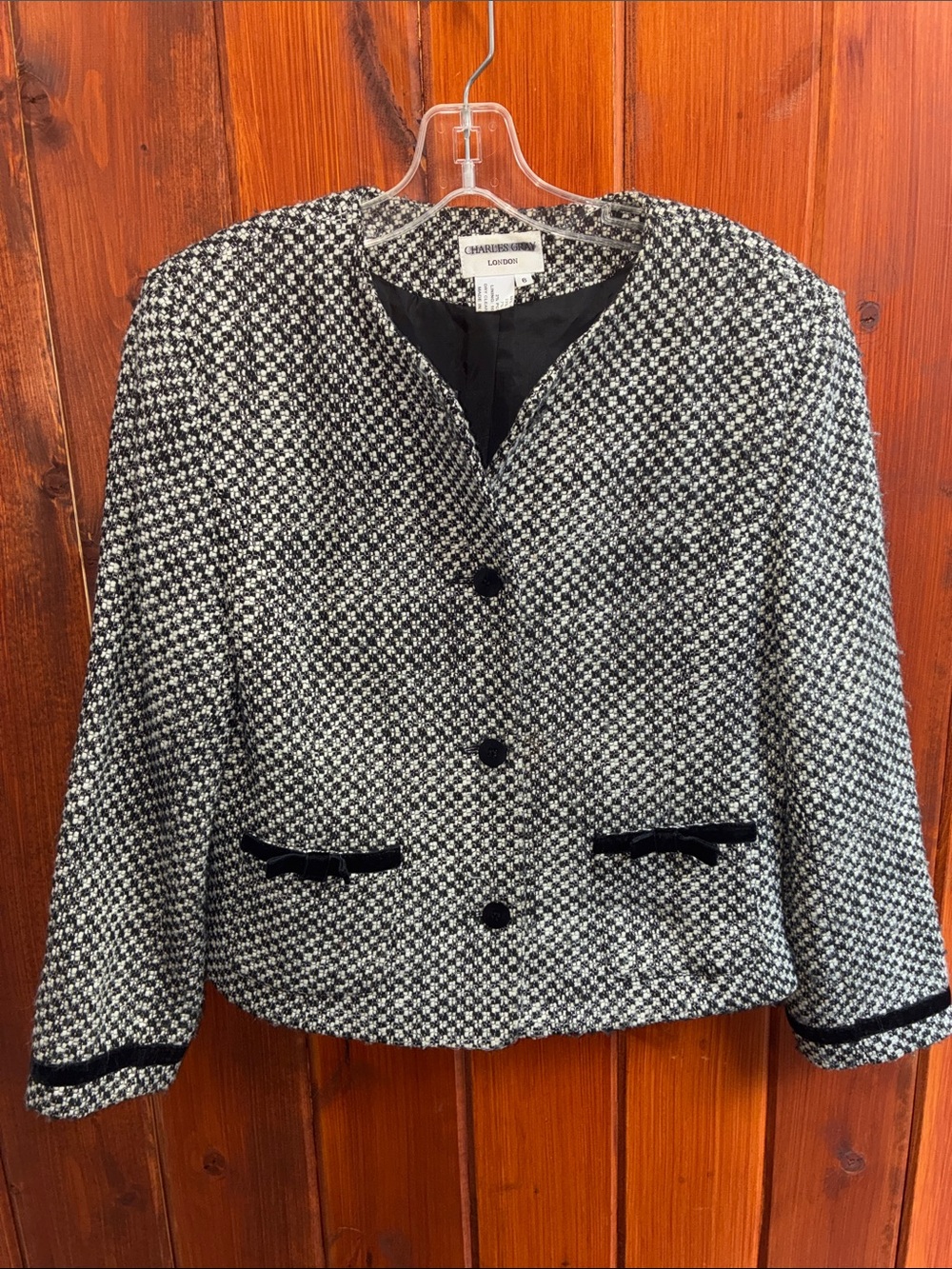 Charles Gray London Vintage Black & White Tweed Boxy Blazer with Velvet Trim